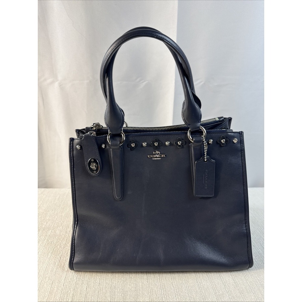 COACH CROSBY FLORAL RIVET/STUD LEATHER LARGE SATCHEL BAG PURSE Navy Blue